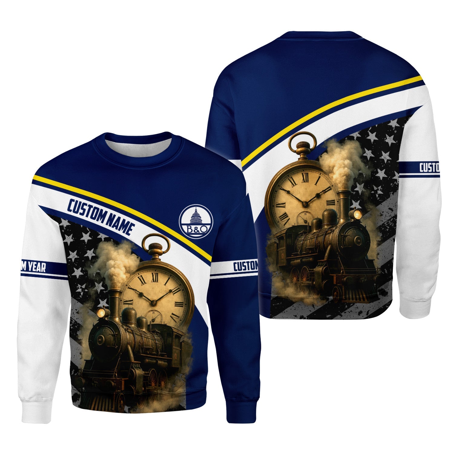 Railspirit Personalized Baltimore and Ohio Railroad Sweatshirt Classic Steam Engine With Retro Pocket Watch B&O Shirt All Over Print