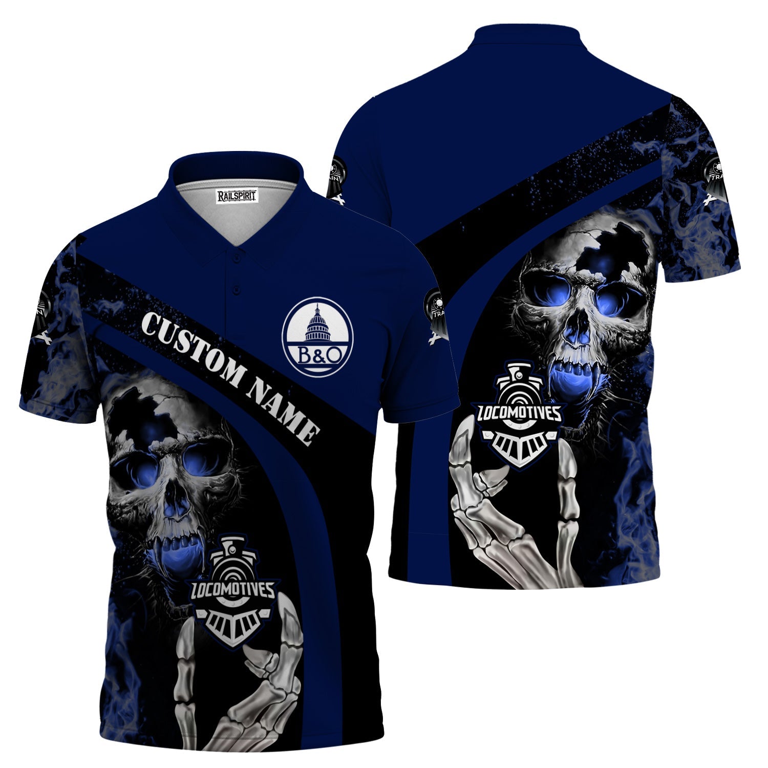 Railspirit Personalized Baltimore and Ohio Railroad Polo Shirt Flame Skull Design B&O Train Shirt for Locomotive Fans