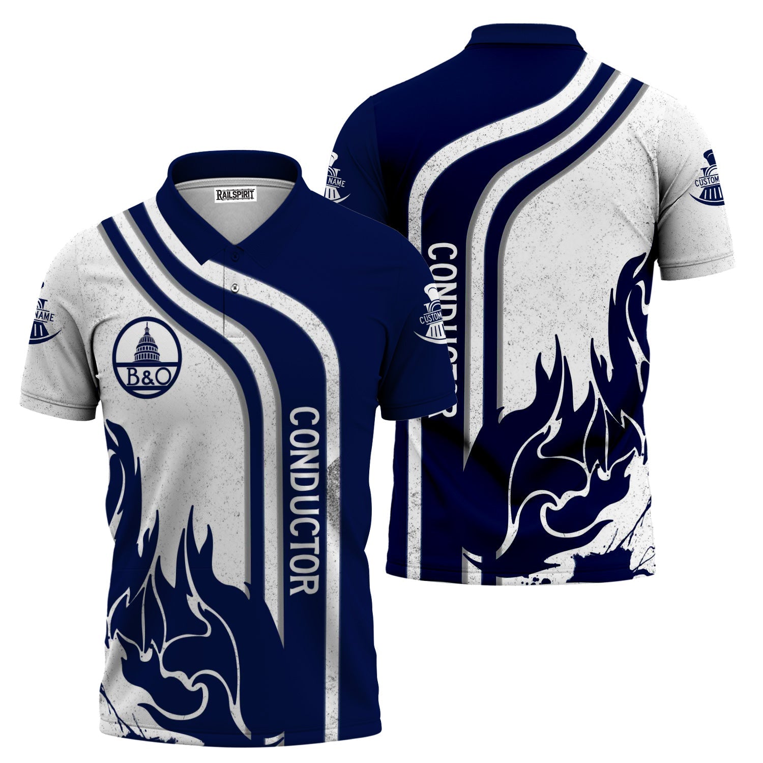 Railspirit Personalized Baltimore and Ohio Railroad Polo Shirt Flame Design with Custom Job Position B&O Train Shirt