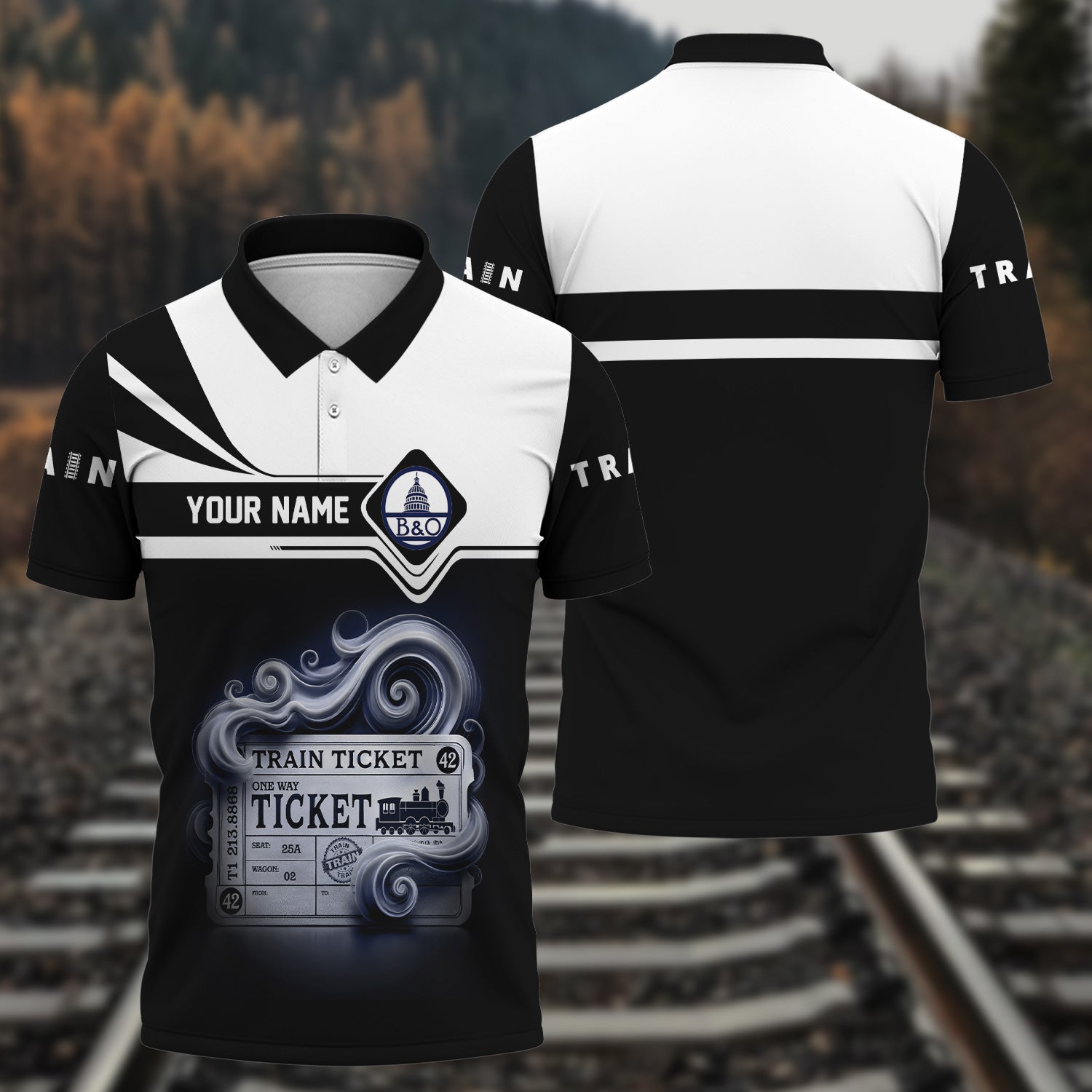 Railspirit Custom Name Baltimore and Ohio Railroad Polo Shirt American Train Ticket B&O Printed Shirt