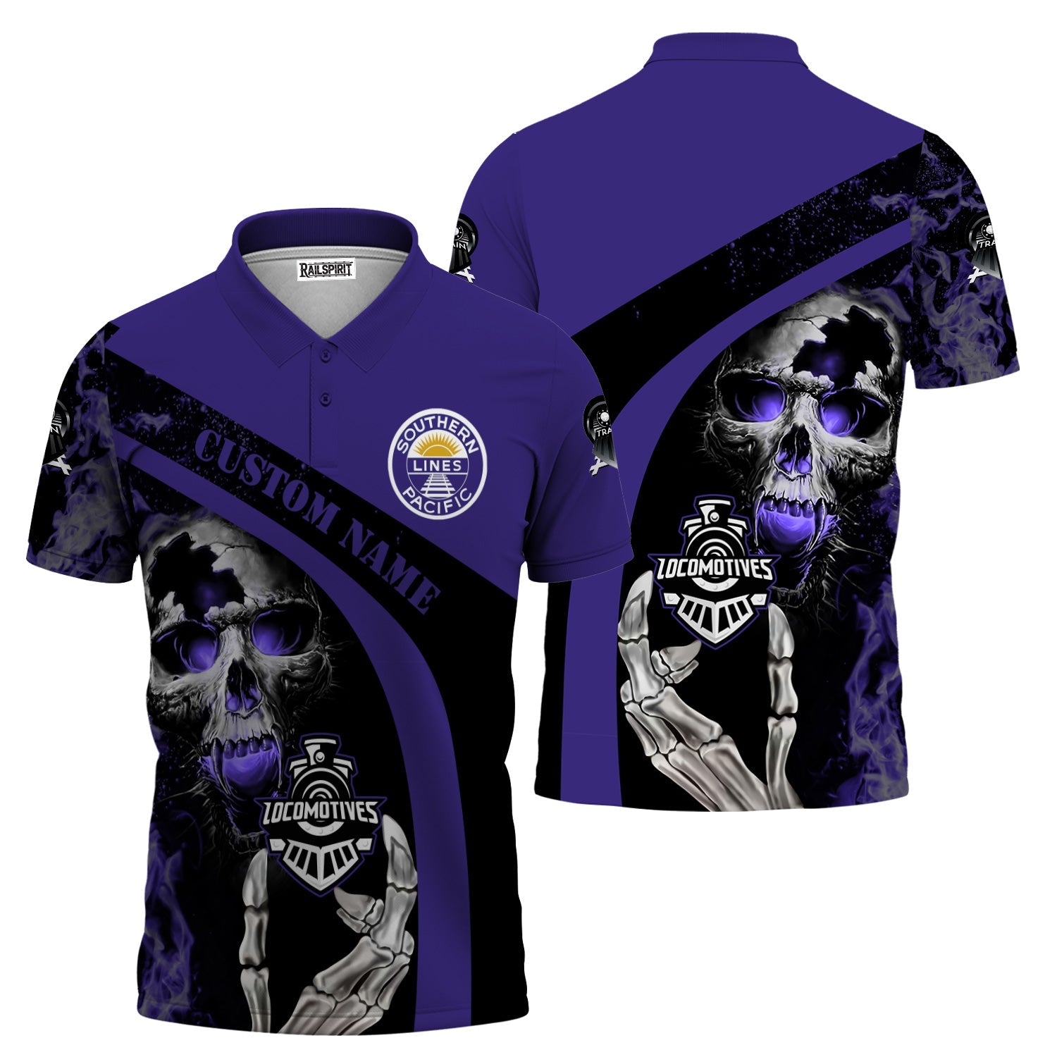 Railspirit Personalized Southern Pacific Railroad Polo Shirt Flame Skull Design Train Shirt for Locomotive Fans