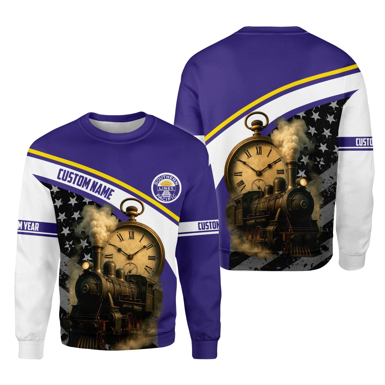 Railspirit Personalized Southern Pacific Railroad Sweatshirt Classic Steam Engine With Retro Pocket Watch Shirt All Over Print