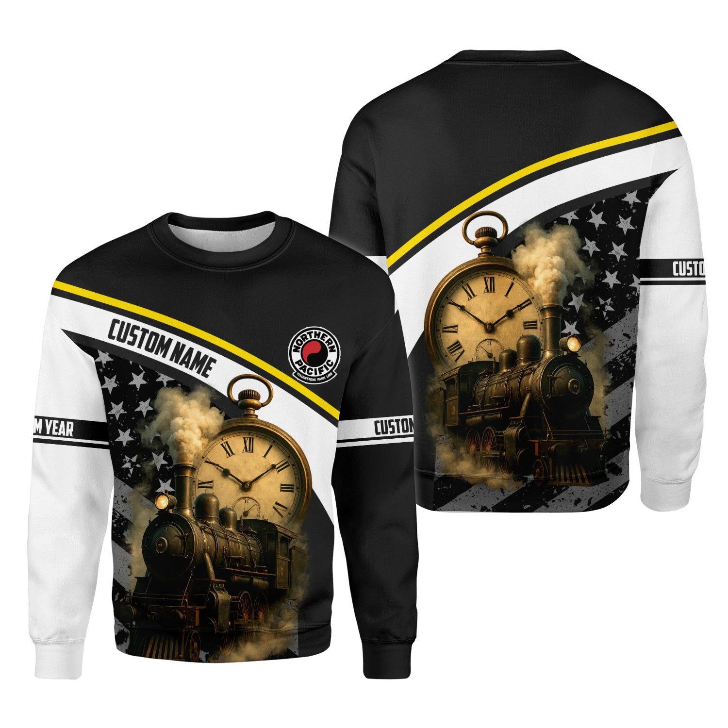 Railspirit Personalized Northern Pacific Railway Sweatshirt Classic Steam Engine With Retro Pocket Watch Shirt All Over Print