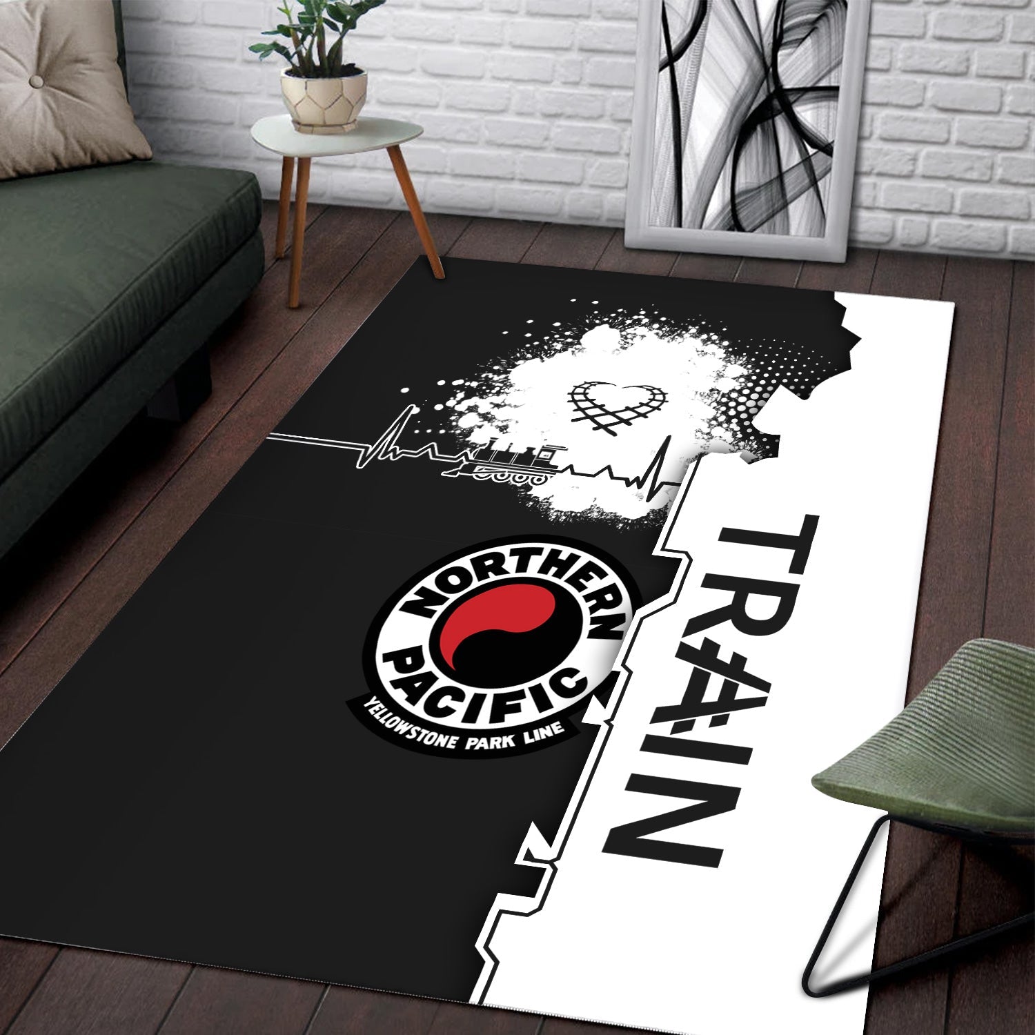 Railspirit Northern Pacific Railway Area Rug Engine Heartbeat and Track Love Style Rug Gift Idea For Train Lovers