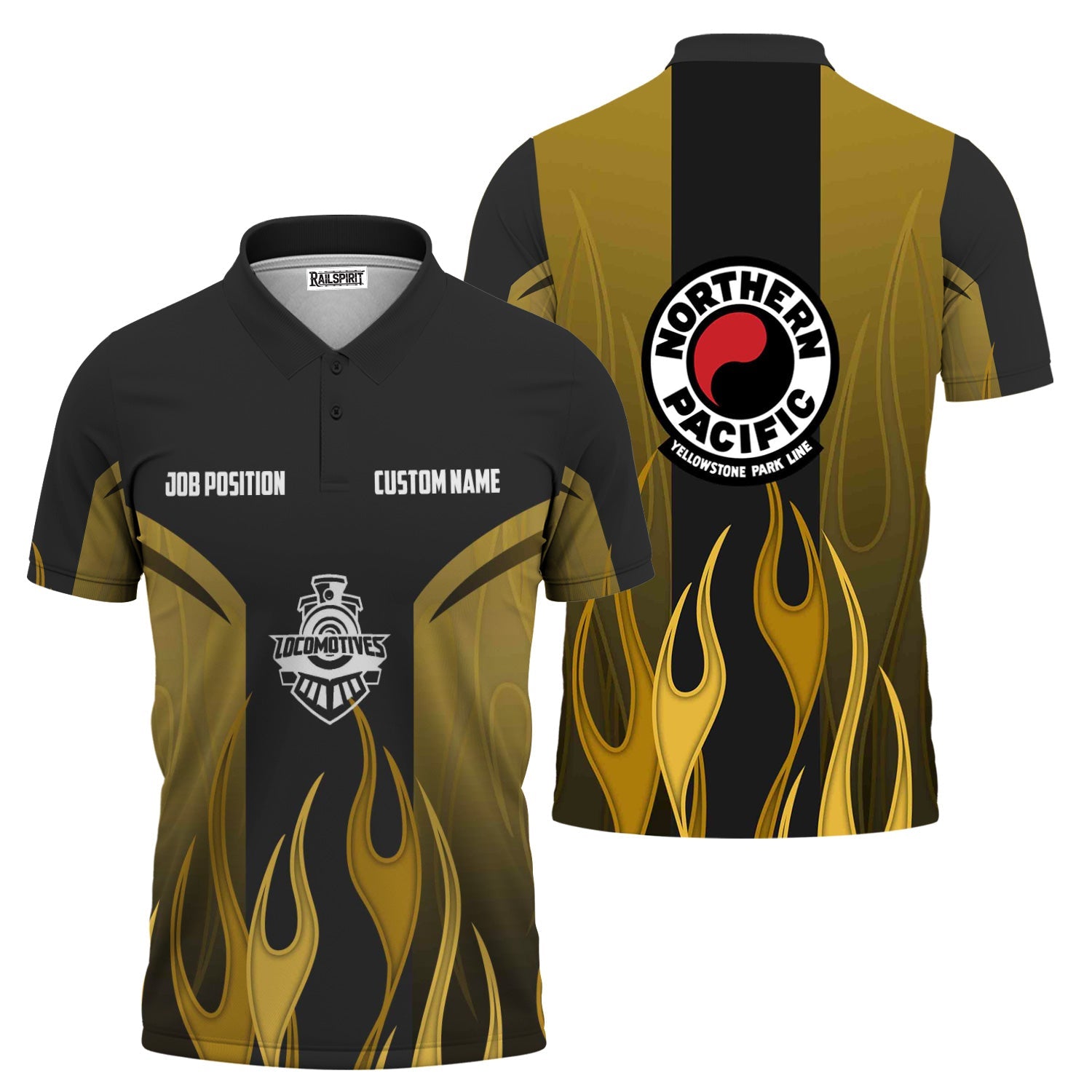 Railspirit Custom Name and Job Title Northern Pacific Railway Polo Shirt Flame Graphic Train Shirt