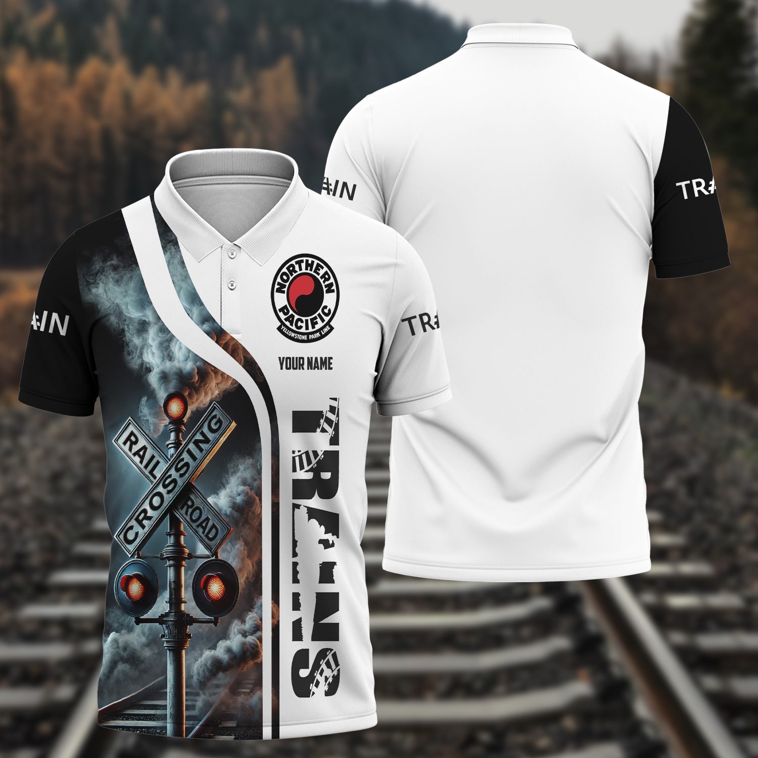 Railspirit Personalized Northern Pacific Railway Polo Shirt Crossing Railroad Sign American Locomotive Train Shirt All Over Print