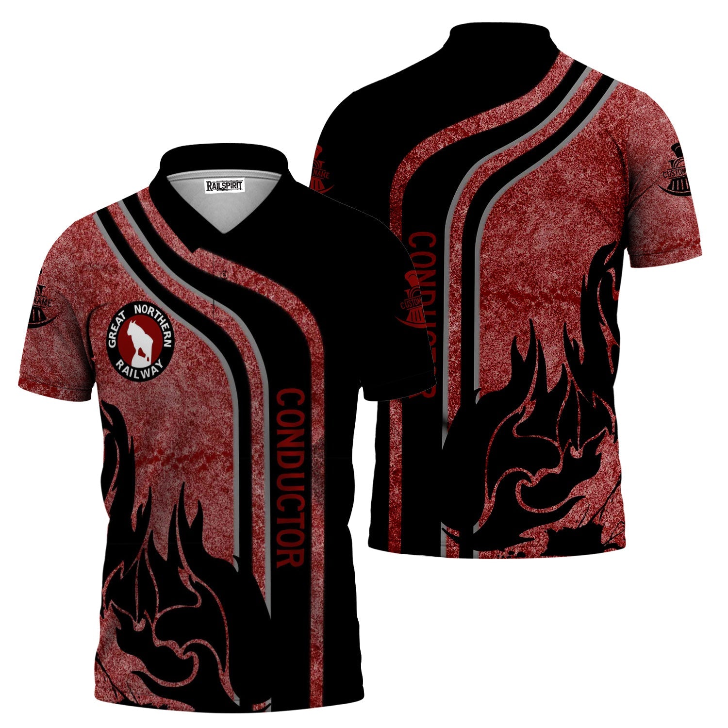 Railspirit Personalized Great Northern Railway Polo Shirt Flame Design with Custom Job Position GNR Train Shirt