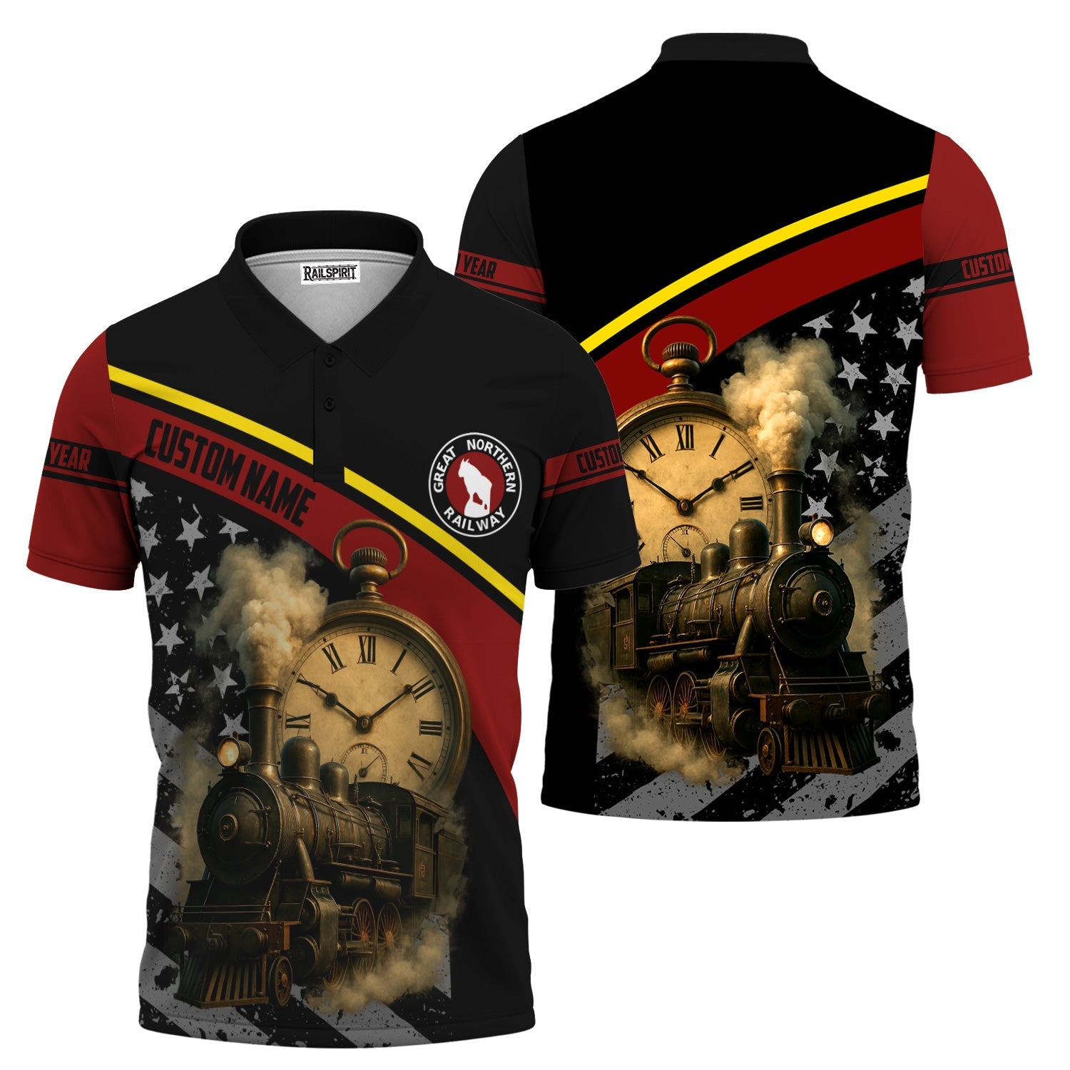 Railspirit Personalized Great Northern Railway Polo Shirt Classic Steam Engine With Retro Pocket Watch GNR Shirt All Over Print