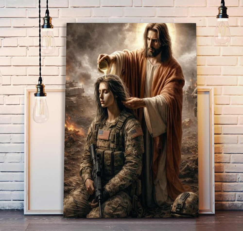 Jesus Anointing Soldier Canvas Wall Art, Christian Military Wall Art, Faith Based Patriotic Decor, Gift for Veteran, Religious Canvas Poster