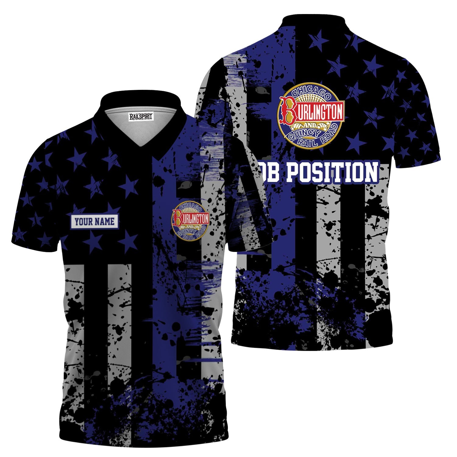 Railspirit Personalized Chicago, Burlington and Quincy Railroad Polo Shirt Artistic Paint American Flag Style Train Shirt