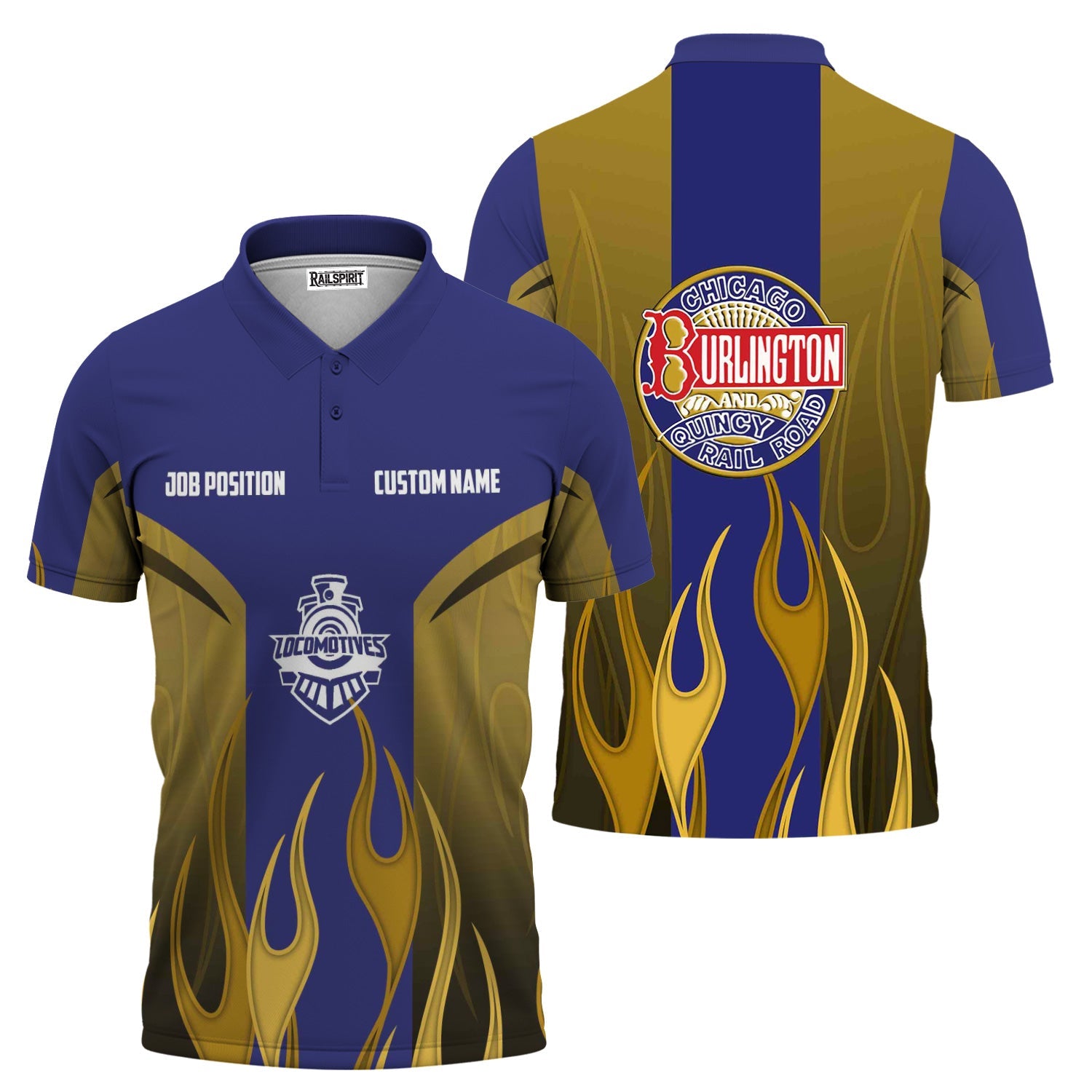 Railspirit Custom Name and Job Title Chicago, Burlington and Quincy Railroad Polo Shirt Flame Graphic Train Shirt
