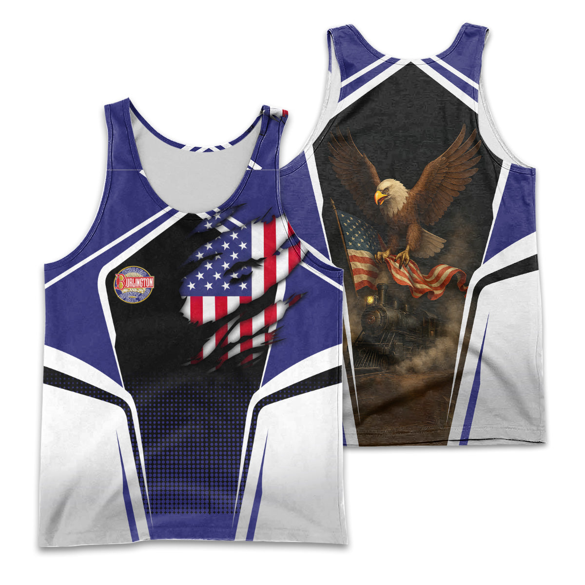 Railspirit Personalized Chicago, Burlington and Quincy Railroad Men Tank Top American Eagle Vintage Train Shirt