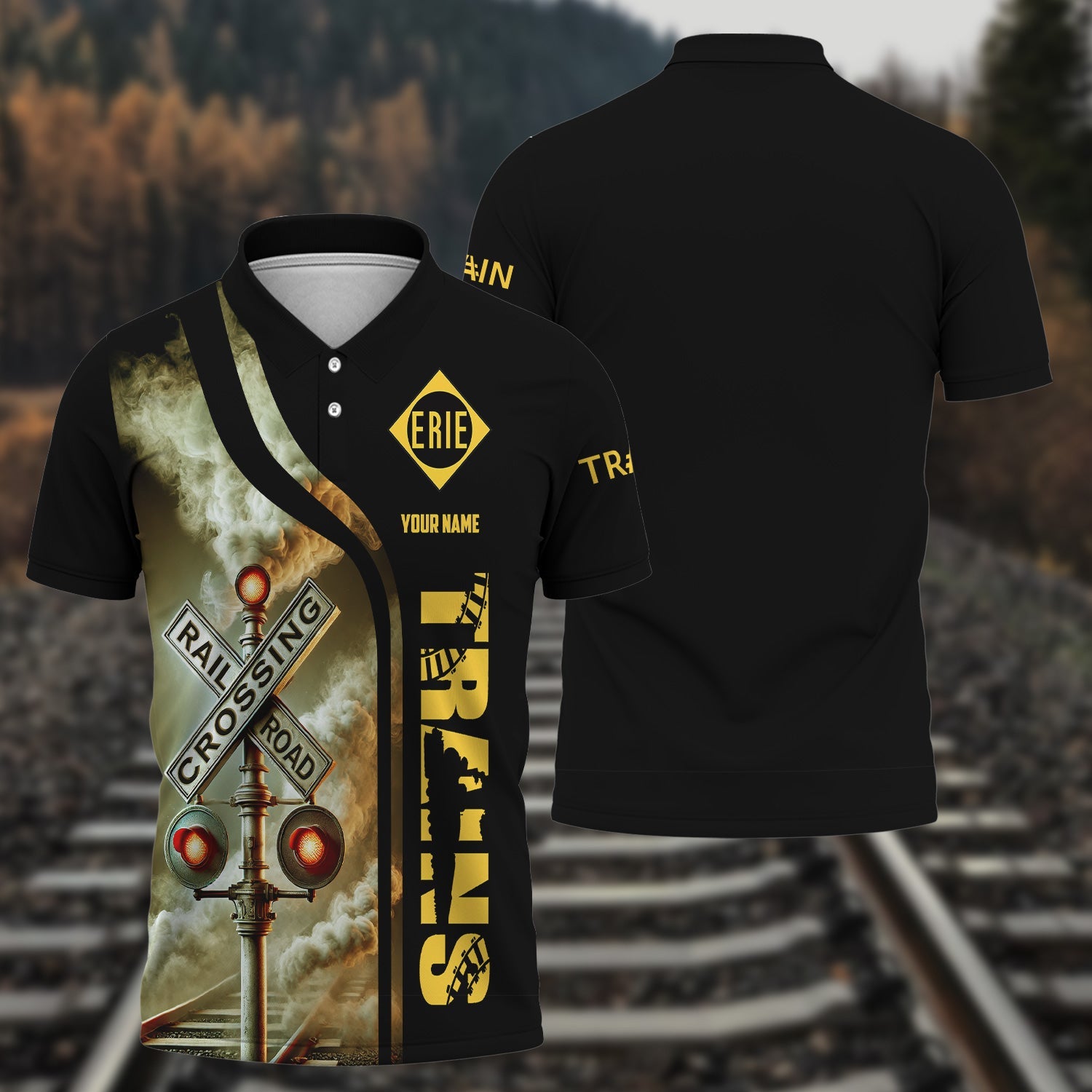 Railspirit Personalized Erie Railroad Polo Shirt Crossing Railroad Sign American Locomotive Train Shirt All Over Print