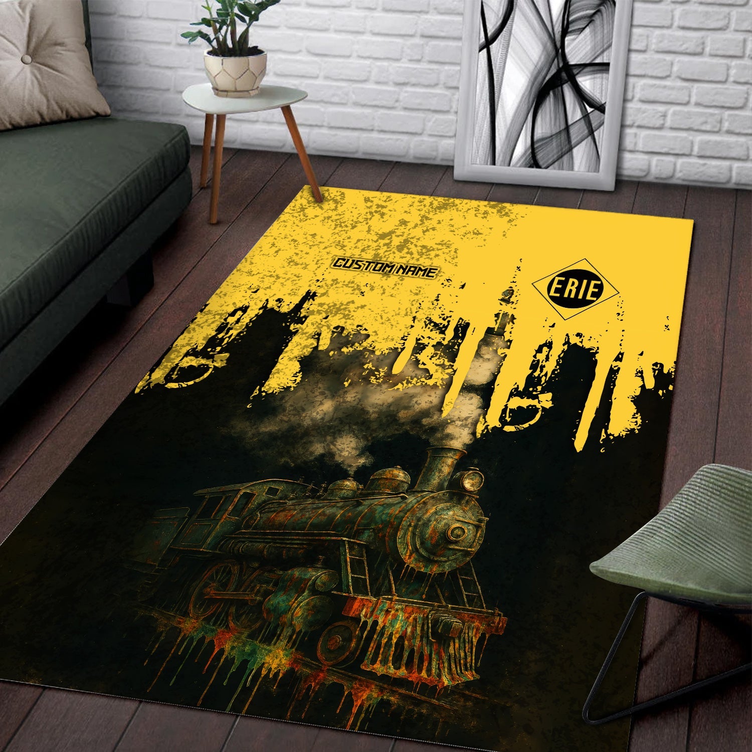 Railspirit Personalized Erie Railroad Area Rug Vintage Train Art Style Rug For Locomotive Fans