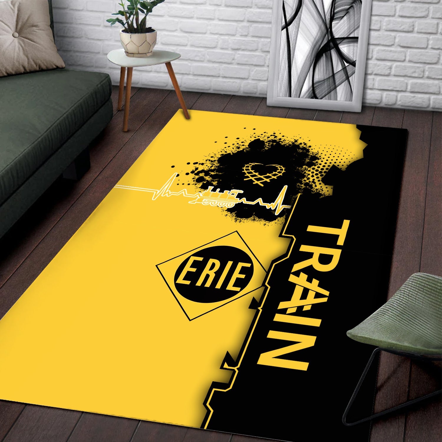 Railspirit Erie Railroad Area Rug Engine Heartbeat and Track Love Style Rug Gift Idea For Train Lovers