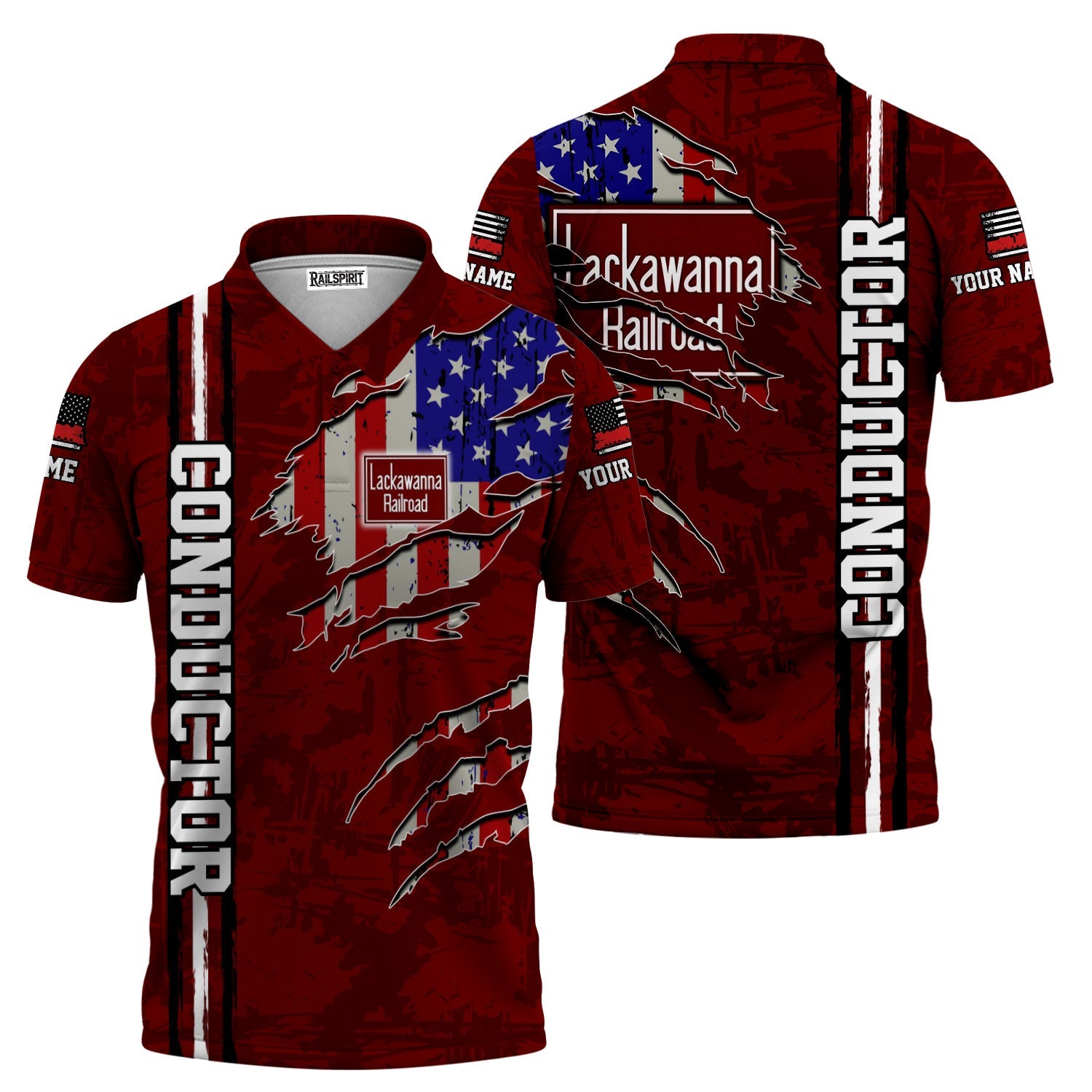 Railspirit Personalized Delaware, Lackawanna and Western Railroad Polo Shirt USA Flag Claw Art with Custom Job DL&W Train Shirt