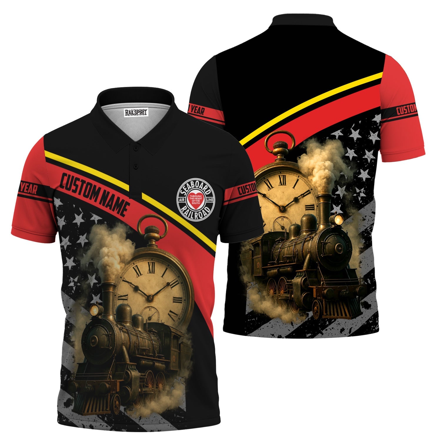 Railspirit Personalized Seaboard Air Line Railroad Polo Shirt Classic Steam Engine With Retro Pocket Watch Shirt All Over Print
