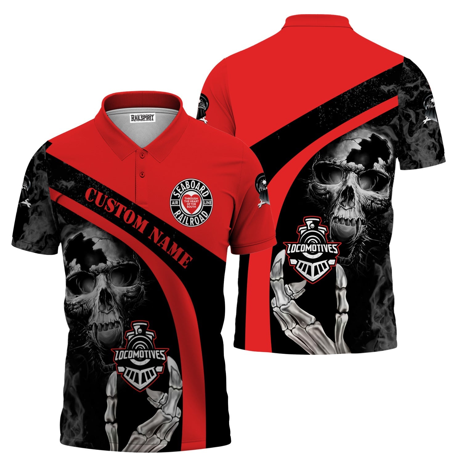 Railspirit Personalized Seaboard Air Line Railroad Polo Shirt Flame Skull Design Train Shirt for Locomotive Fans