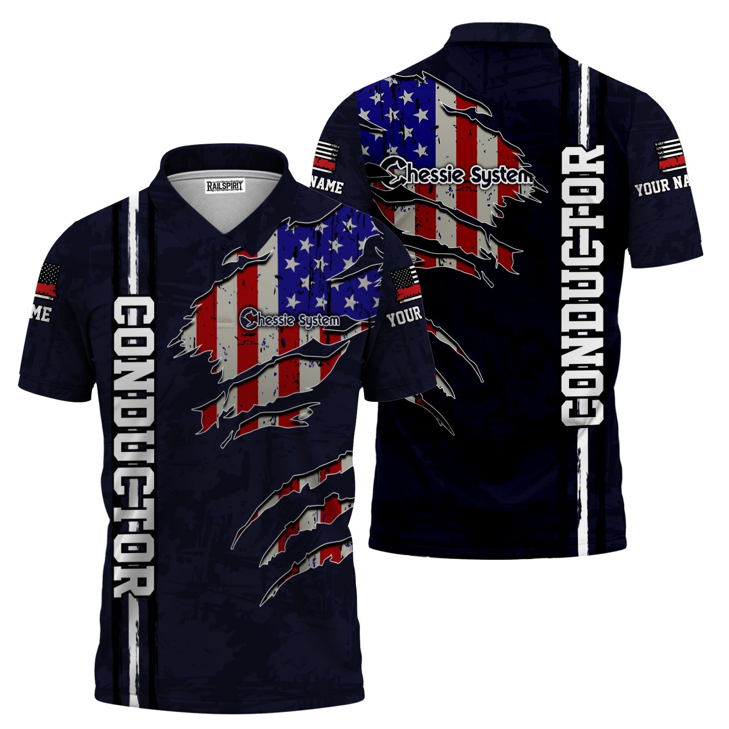 Railspirit Personalized Chessie System Railroad Polo Shirt USA Flag Claw Art with Custom Job Train Shirt