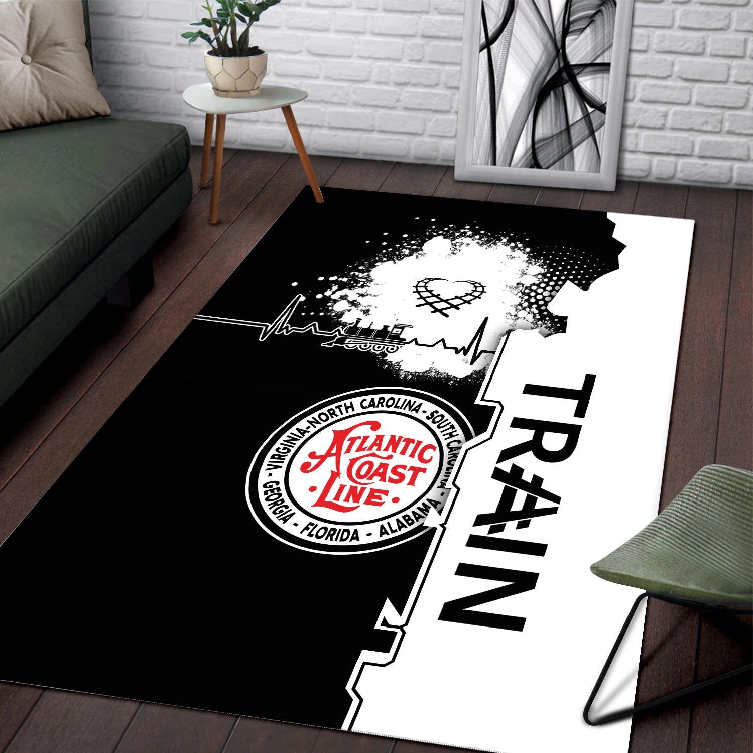 Railspirit Atlantic Coast Line Railroad Area Rug Engine Heartbeat and Track Love Style Rug Gift Idea For Train Lovers