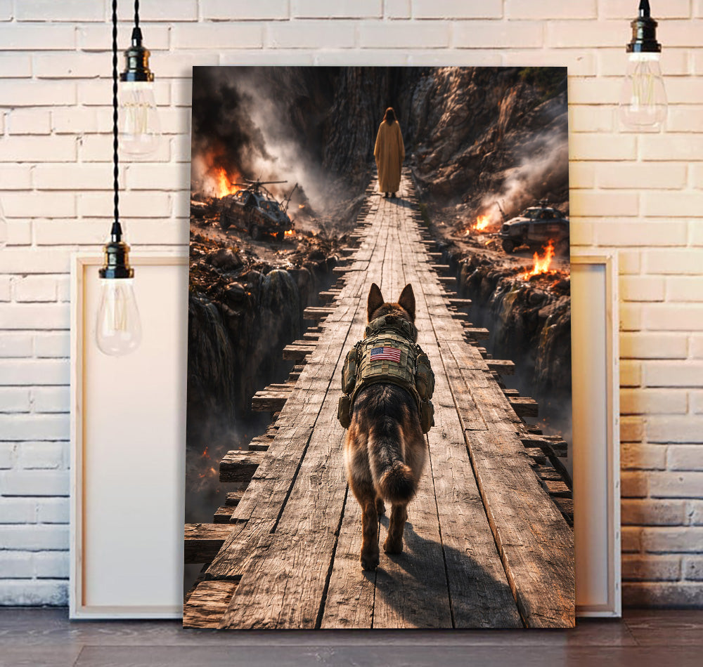 Military K9 Dog Wall Art Canvas, Soldier Faith Artwork, Battlefield Bridge Scene, Patriotic Home Decor Gift for Veteran Dad