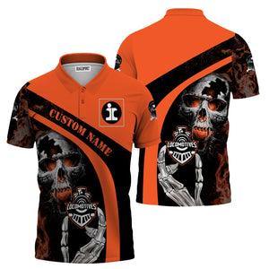Railspirit Personalized Illinois Central Railroad Polo Shirt Flame Skull Design Train Shirt for Locomotive Fans