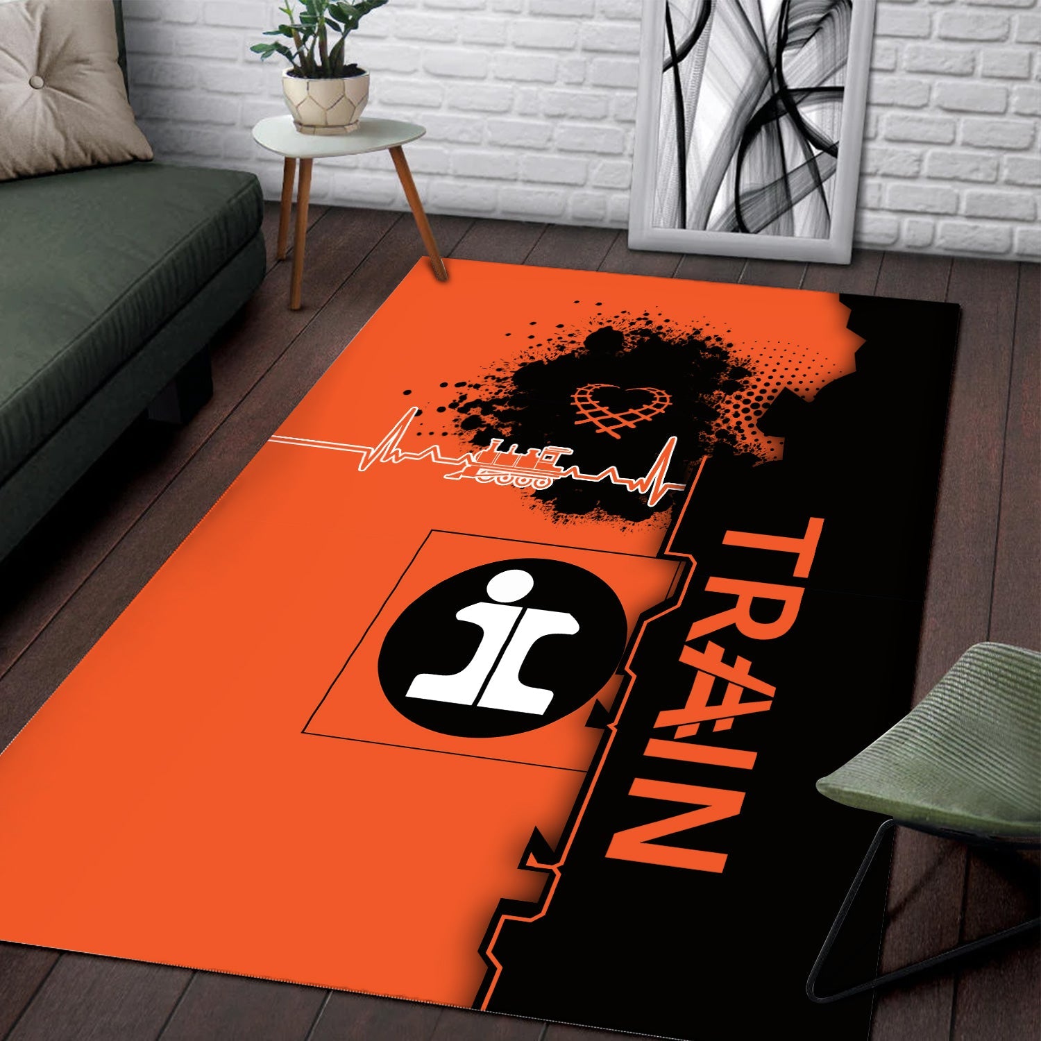 Railspirit Illinois Central Railroad Area Rug Engine Heartbeat and Track Love Style Rug Gift Idea For Train Lovers