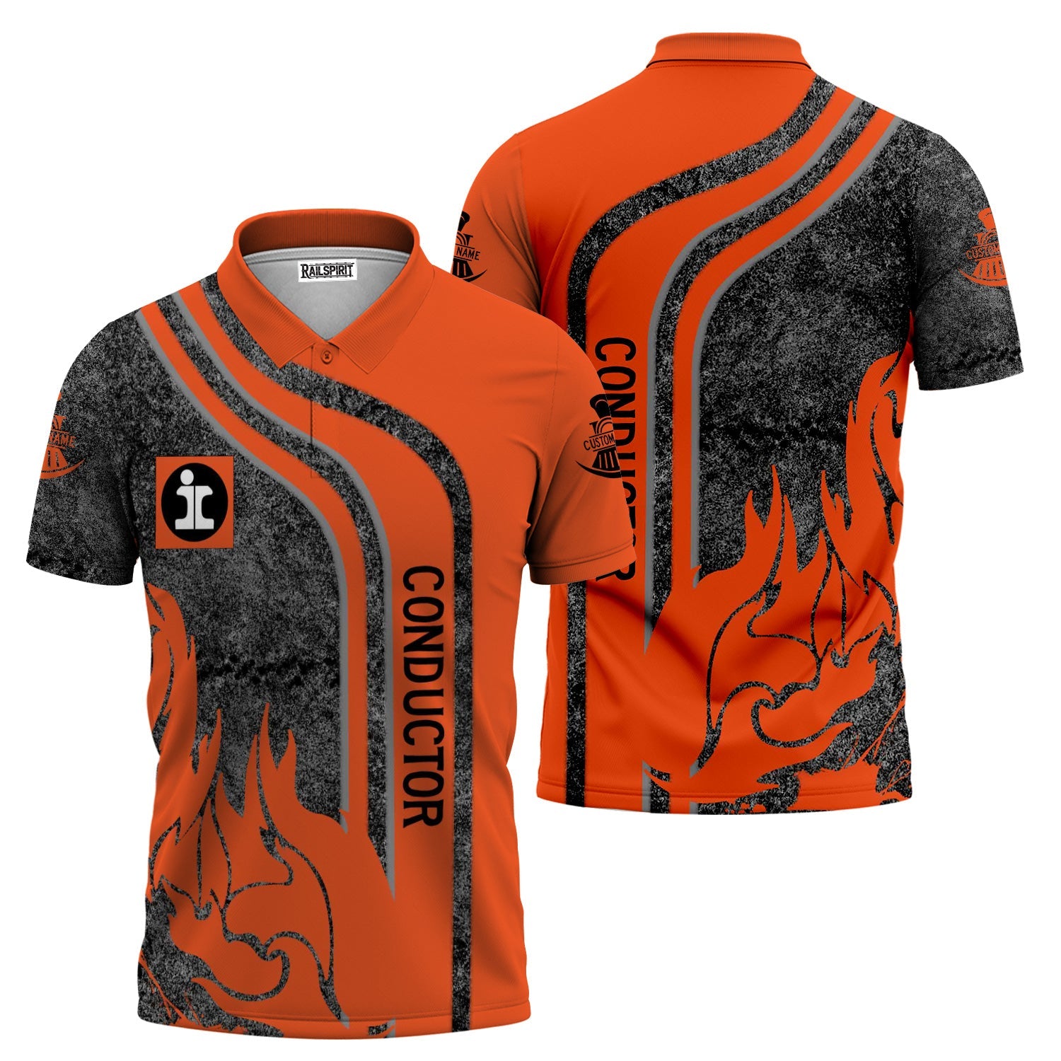 Railspirit Personalized Illinois Central Railroad Polo Shirt Flame Design with Custom Job Position Train Shirt