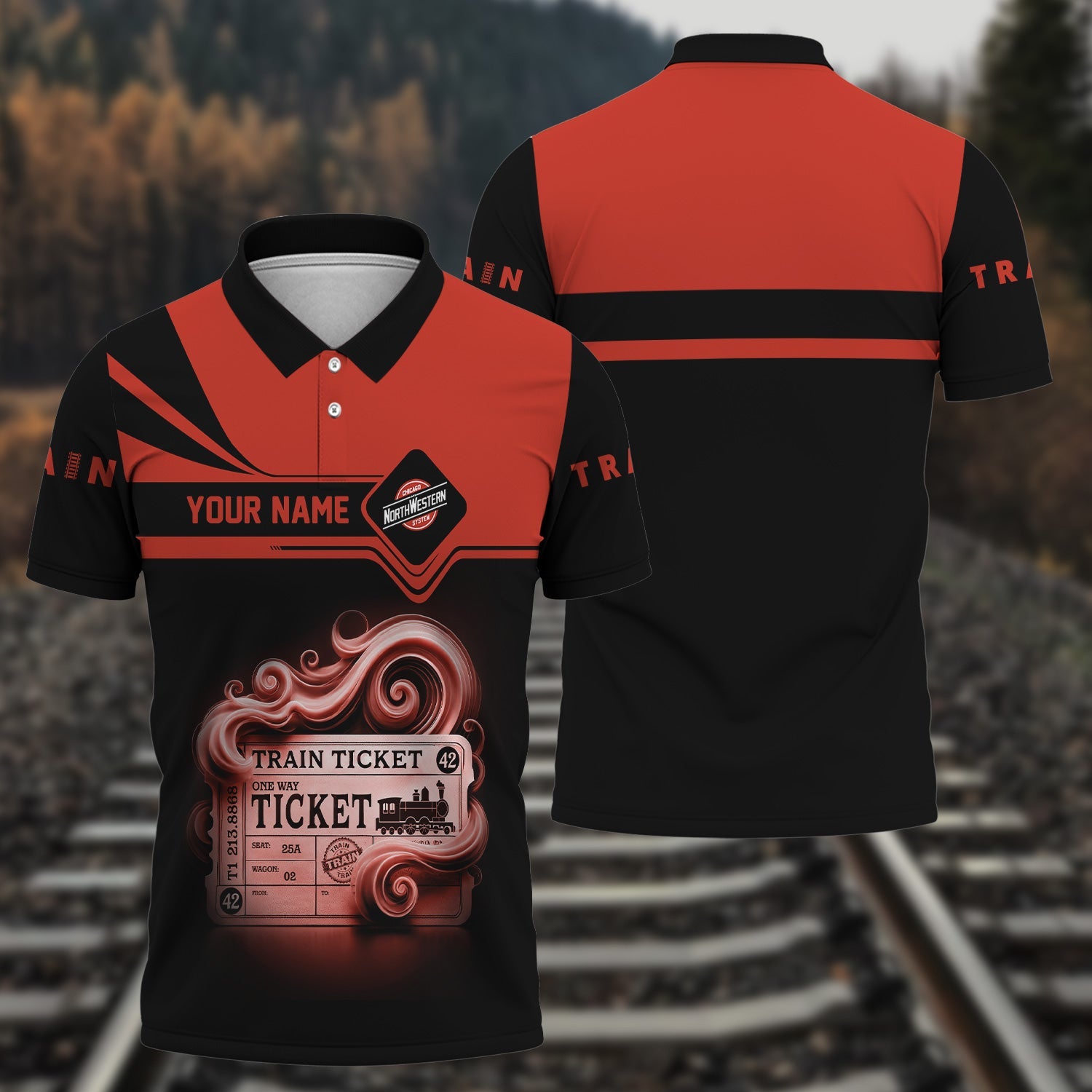 Railspirit Custom Name Chicago and North Western Railway Polo Shirt American Train Ticket Printed Shirt