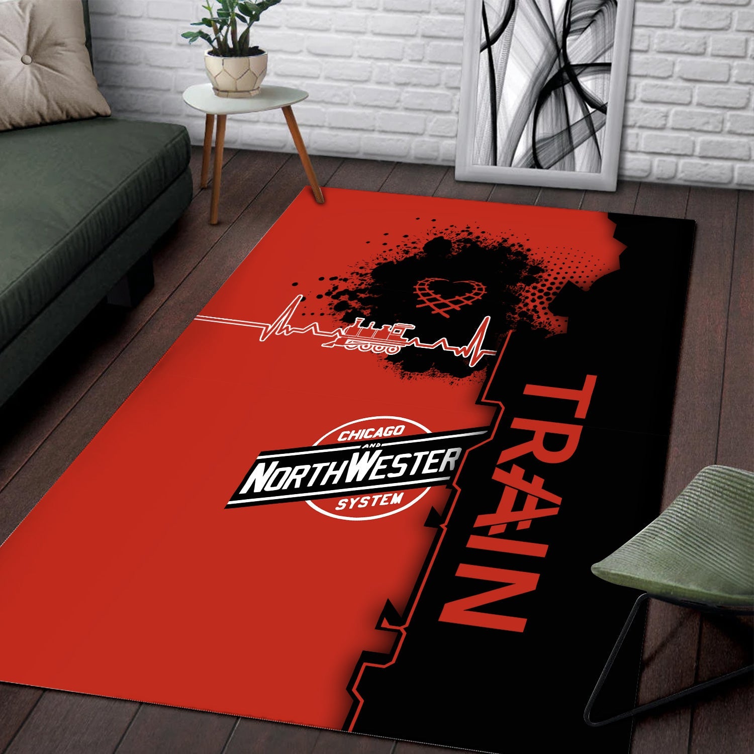 Railspirit Chicago and North Western Railway Area Rug Engine Heartbeat and Track Love Style Rug Gift Idea For Train Lovers