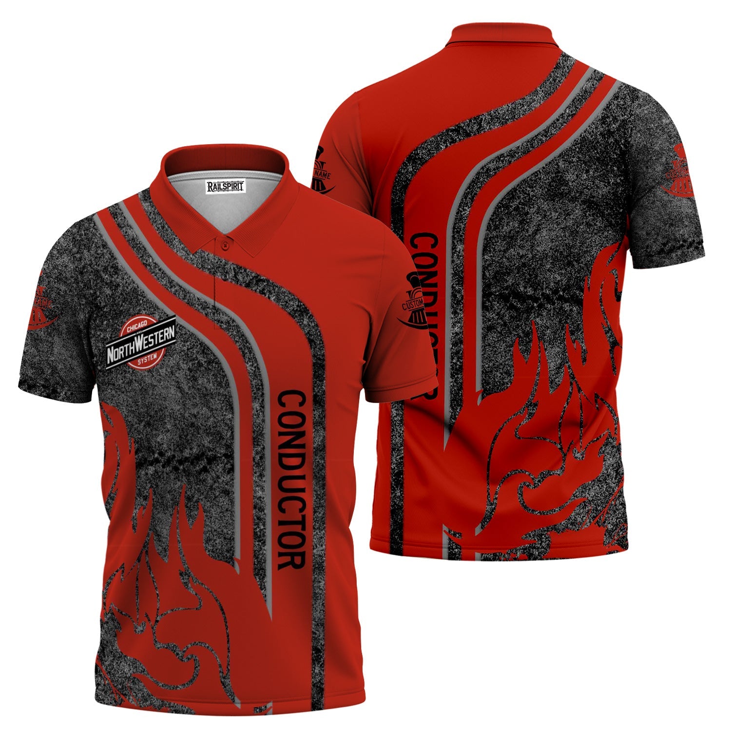 Railspirit Personalized Chicago and North Western Railway Polo Shirt Flame Design with Custom Job Position Train Shirt