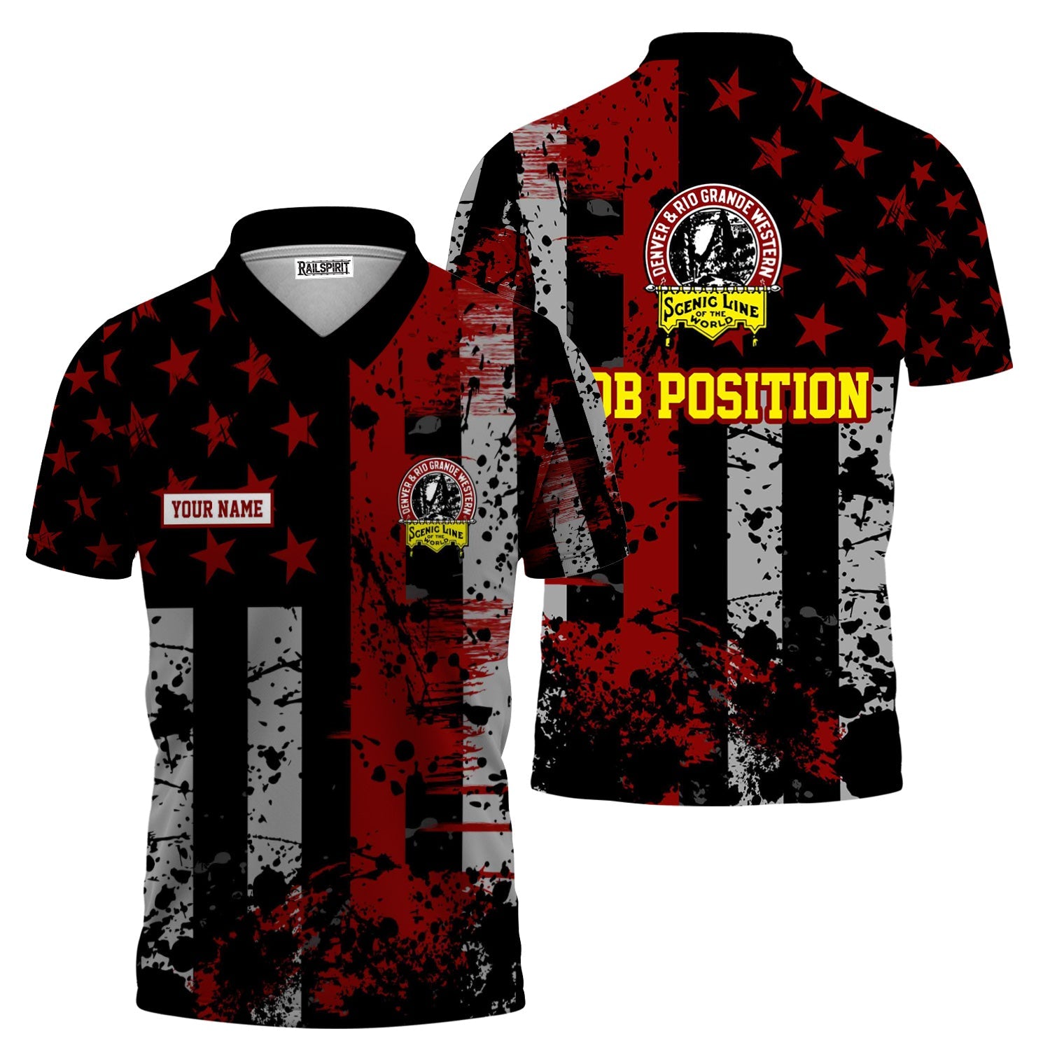 Railspirit Personalized Denver and Rio Grande Western Railroad Polo Shirt Artistic Paint American Flag Style Train Shirt