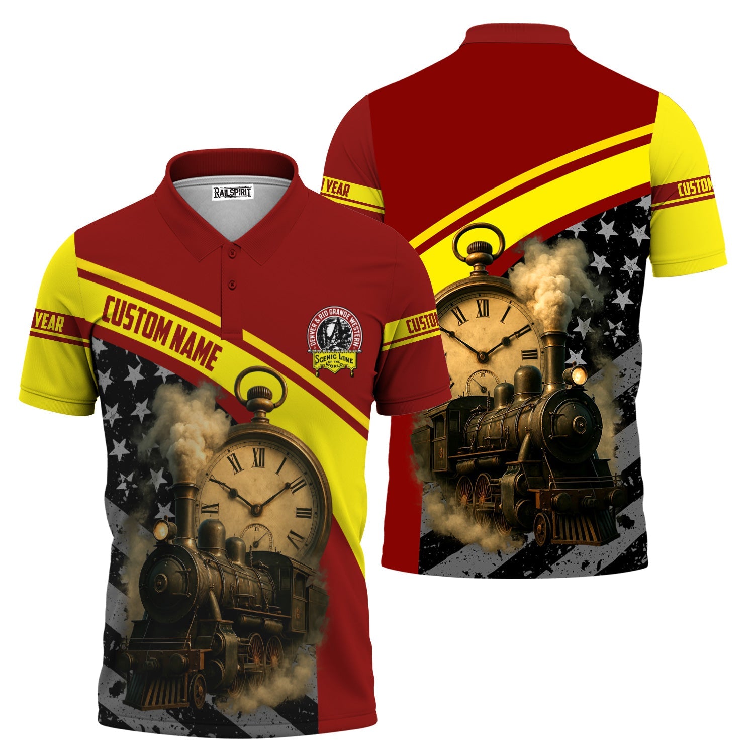 Railspirit Personalized Denver and Rio Grande Western Railroad Polo Shirt Classic Steam Engine With Retro Pocket Watch Shirt All Over Print