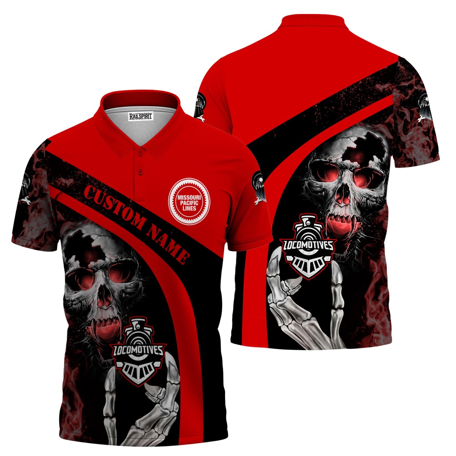 Railspirit Personalized Missouri Pacific Railroad Polo Shirt Flame Skull Design Train Shirt for Locomotive Fans