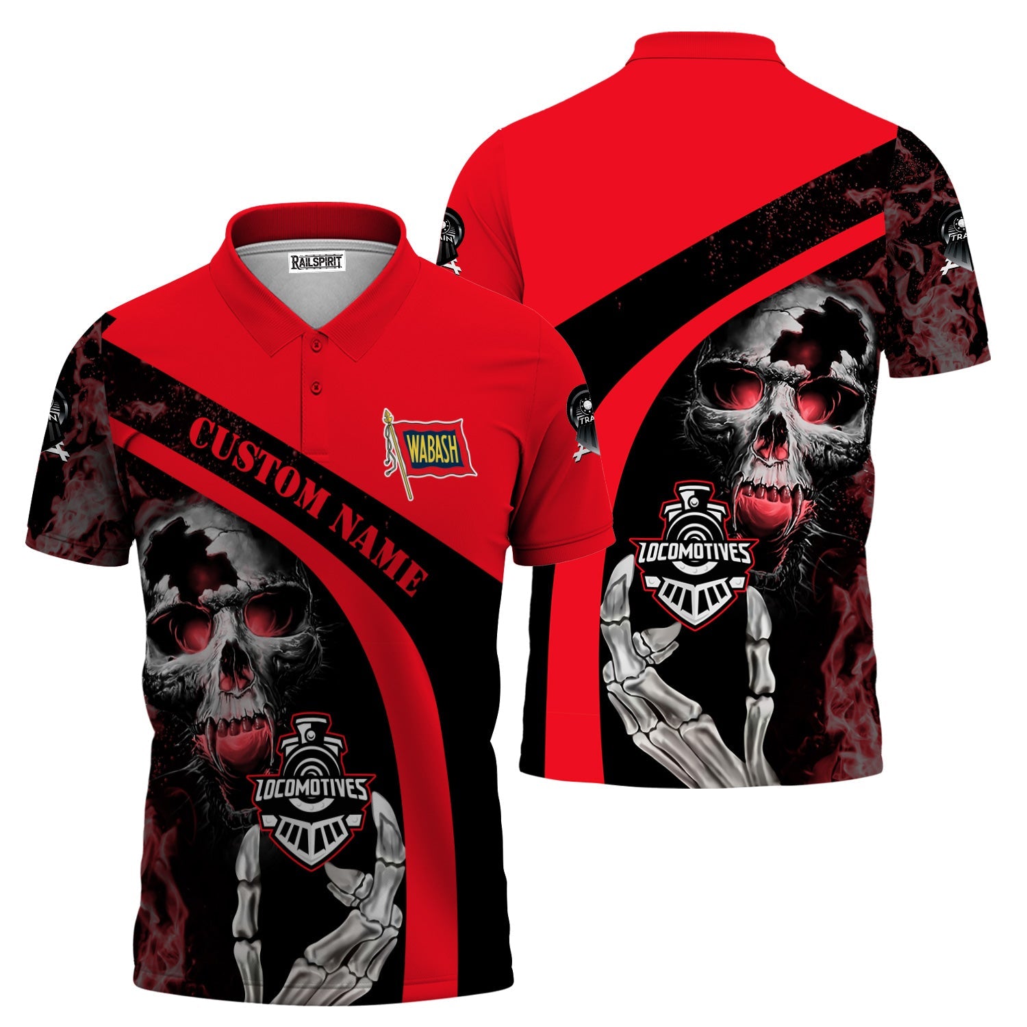 Railspirit Personalized Wabash Railroad Polo Shirt Flame Skull Design Train Shirt for Locomotive Fans