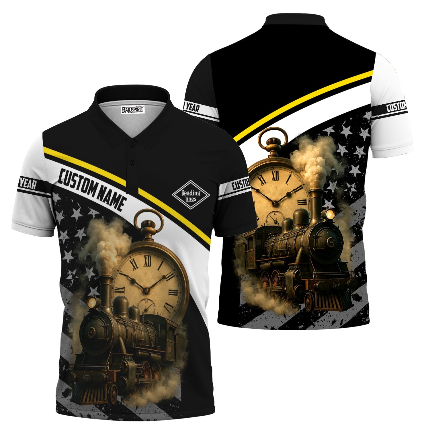 Railspirit Personalized Reading Railroad Polo Shirt Classic Steam Engine With Retro Pocket Watch Shirt All Over Print