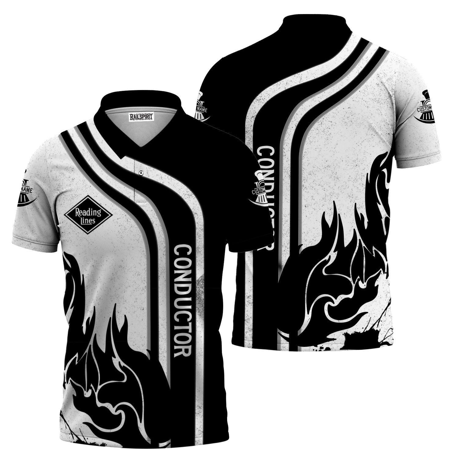 Railspirit Personalized Reading Railroad Polo Shirt Flame Design with Custom Job Position Train Shirt