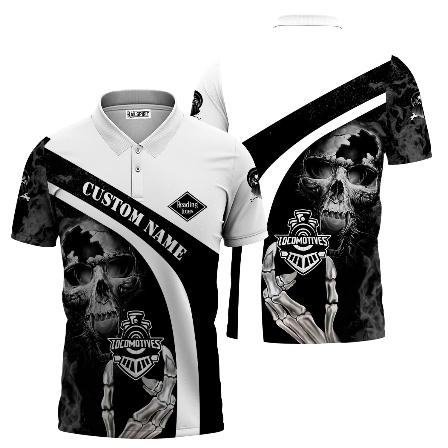 Railspirit Personalized Reading Railroad Polo Shirt Flame Skull Design Train Shirt for Locomotive Fans