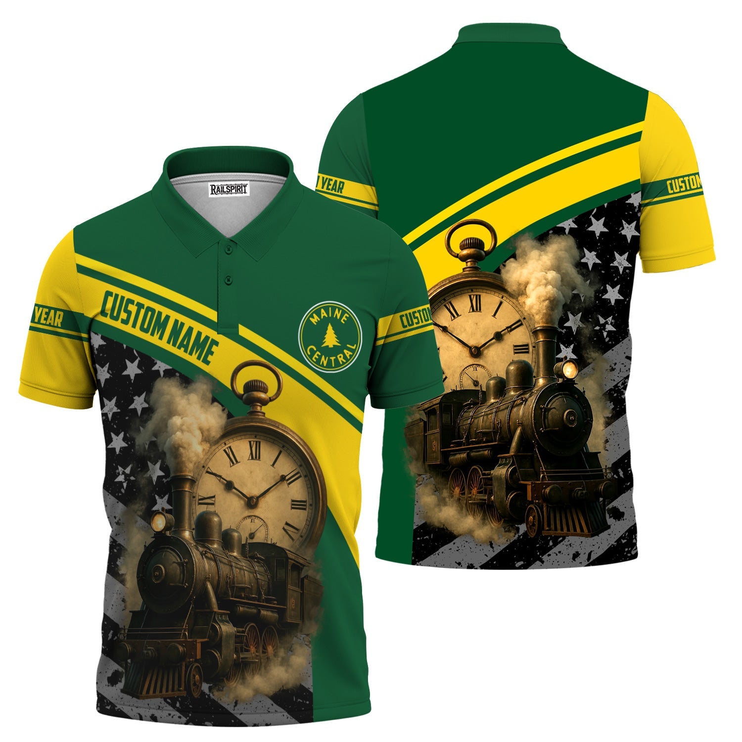 Railspirit Personalized Maine Central Railroad Polo Shirt Classic Steam Engine With Retro Pocket Watch Shirt All Over Print