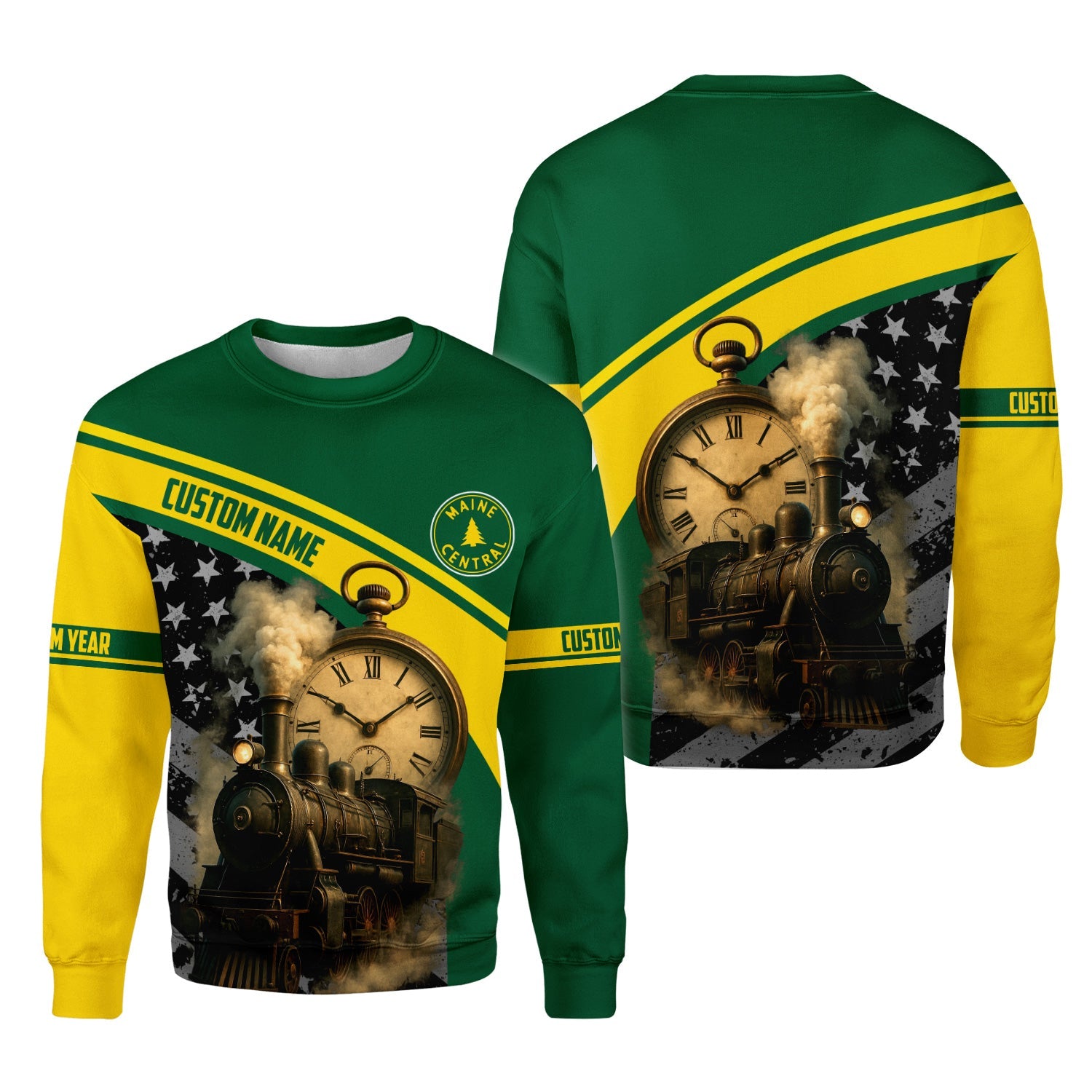 Railspirit Personalized Maine Central Railroad Sweatshirt Classic Steam Engine With Retro Pocket Watch Shirt All Over Print