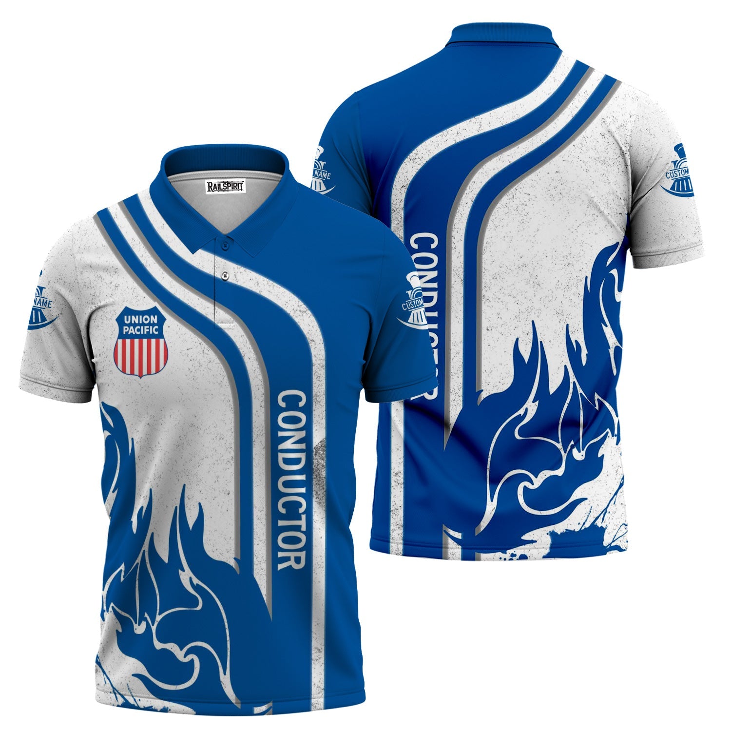 Railspirit Personalized Union Pacific Railroad Polo Shirt Flame Design with Custom Job Position Big Boy Train Shirt