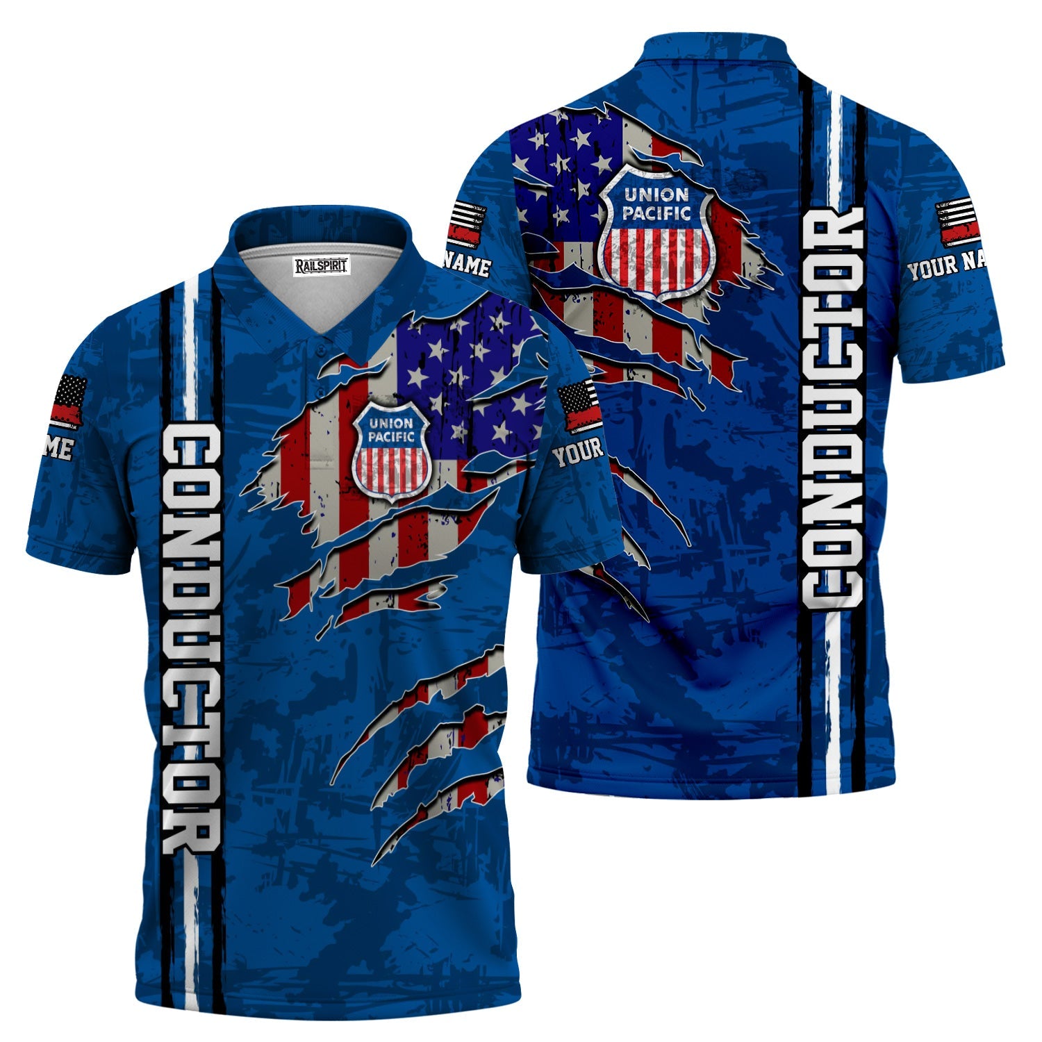 Railspirit Personalized Union Pacific Railroad Polo Shirt USA Flag Claw Art with Custom Job Big Boy Train Shirt