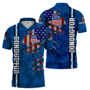 Railspirit Personalized Union Pacific Railroad Polo Shirt USA Flag Claw Art with Custom Job Big Boy Train Shirt