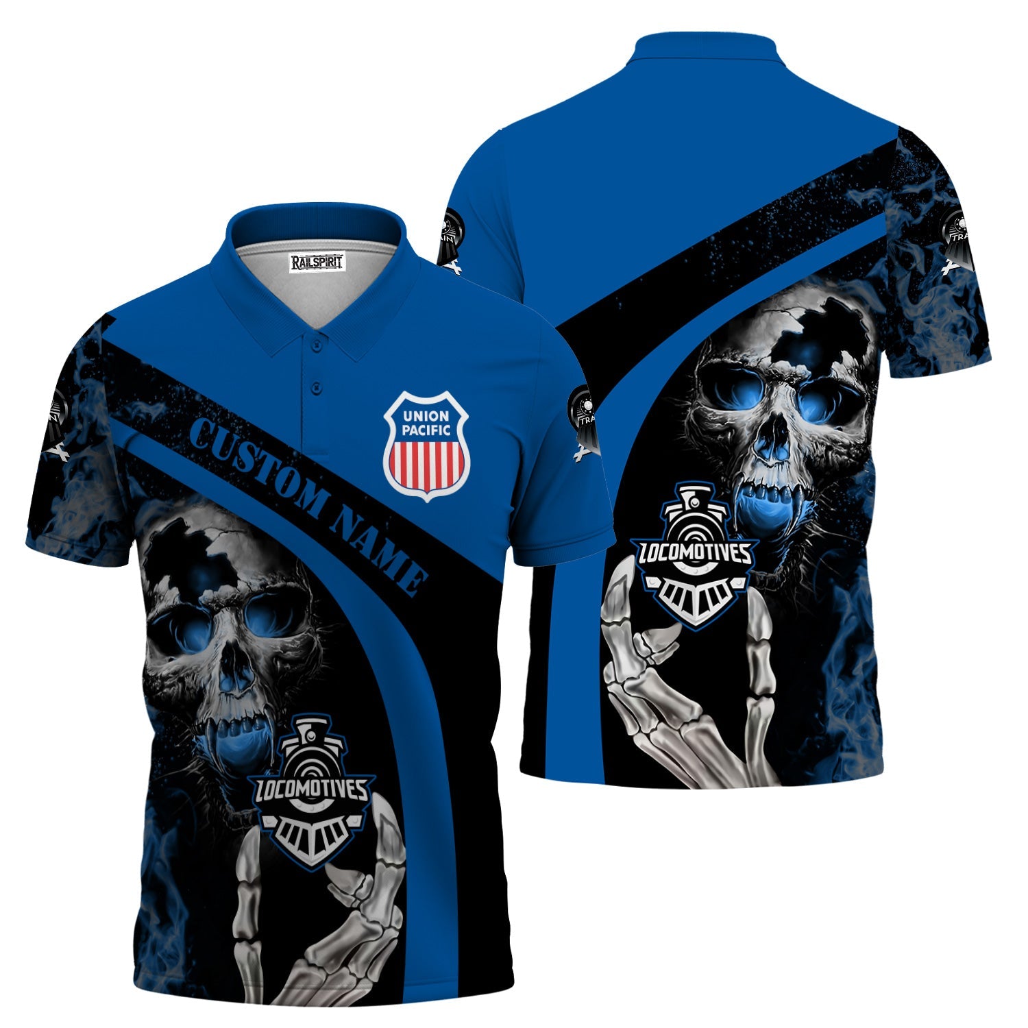 Railspirit Personalized Union Pacific Railroad Polo Shirt Flame Skull Design Big Boy Train Shirt for Locomotive Fans