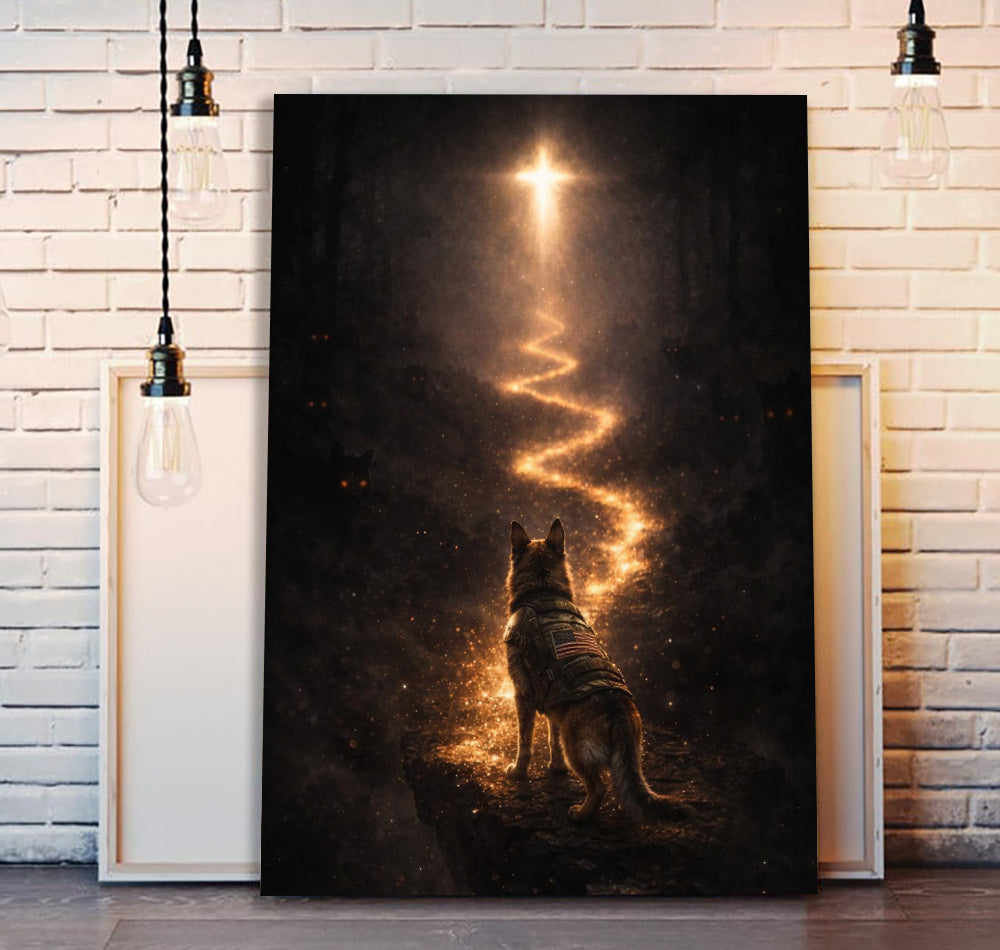 Military Dog Memorial Canvas Wall Art Christian Cross Light Path German Shepherd Tribute Print Veteran Gift Pet Loss Sympathy Faith Decor