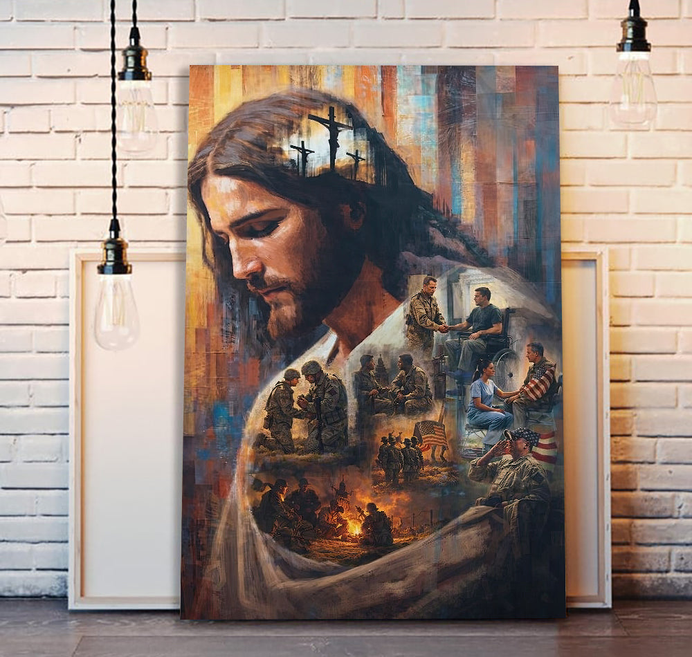 Jesus Christ Wall Art Canvas Print, Faith & Sacrifice Artwork, Christian Home Decor, Veteran Tribute Art, Spiritual Gift for Family
