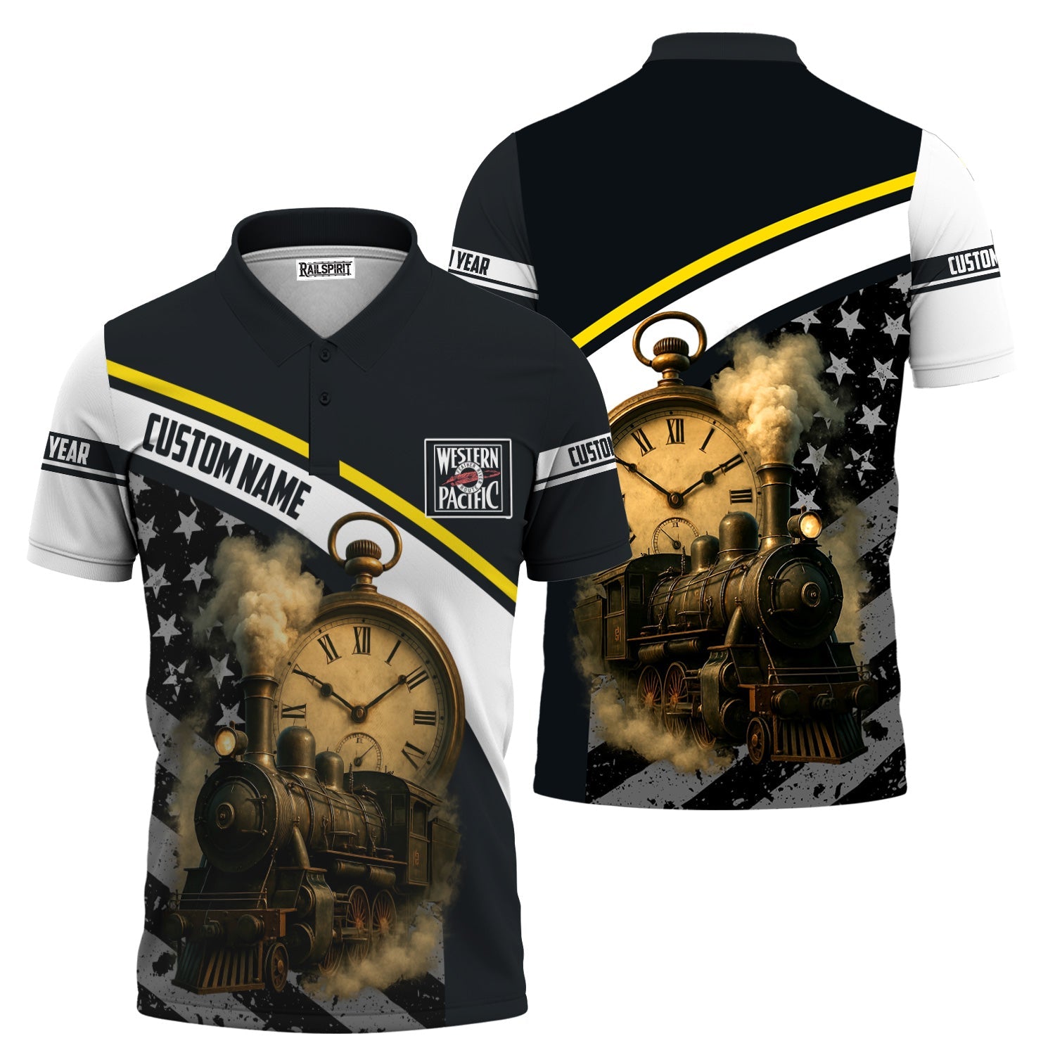 Railspirit Personalized Western Pacific Railroad Polo Shirt Classic Steam Engine With Retro Pocket Watch Shirt All Over Print