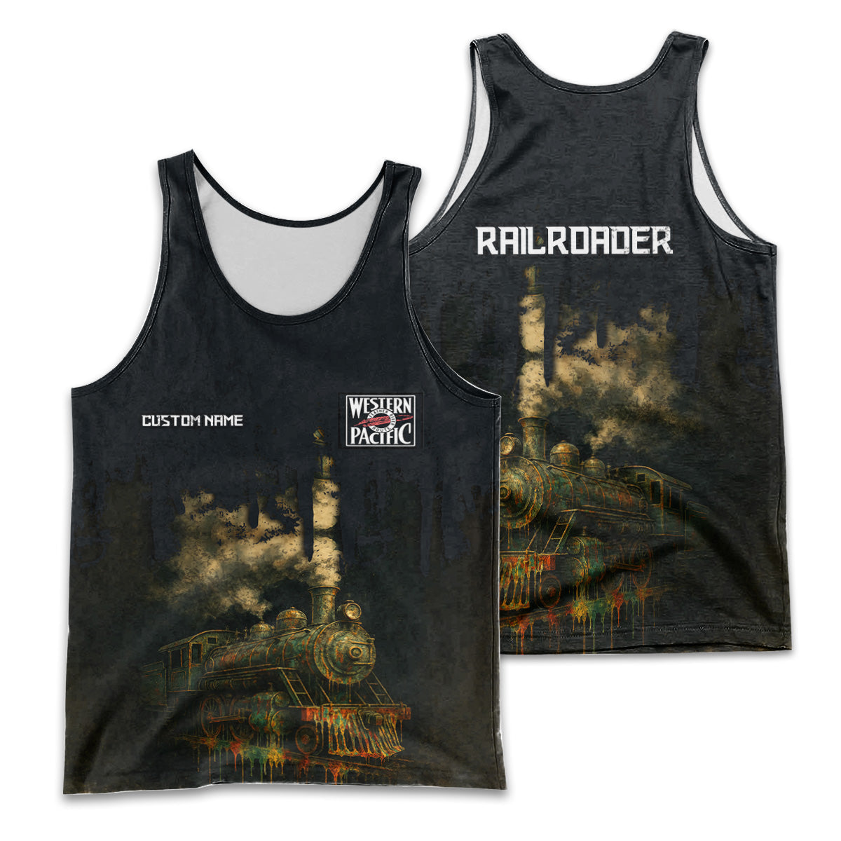 Railspirit Personalized Western Pacific Railroad Men Tank Top Vintage Train Art Style Shirt For Locomotive Fans
