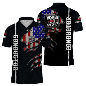 Railspirit Personalized Western Pacific Railroad Polo Shirt USA Flag Claw Art with Custom Job Train Shirt