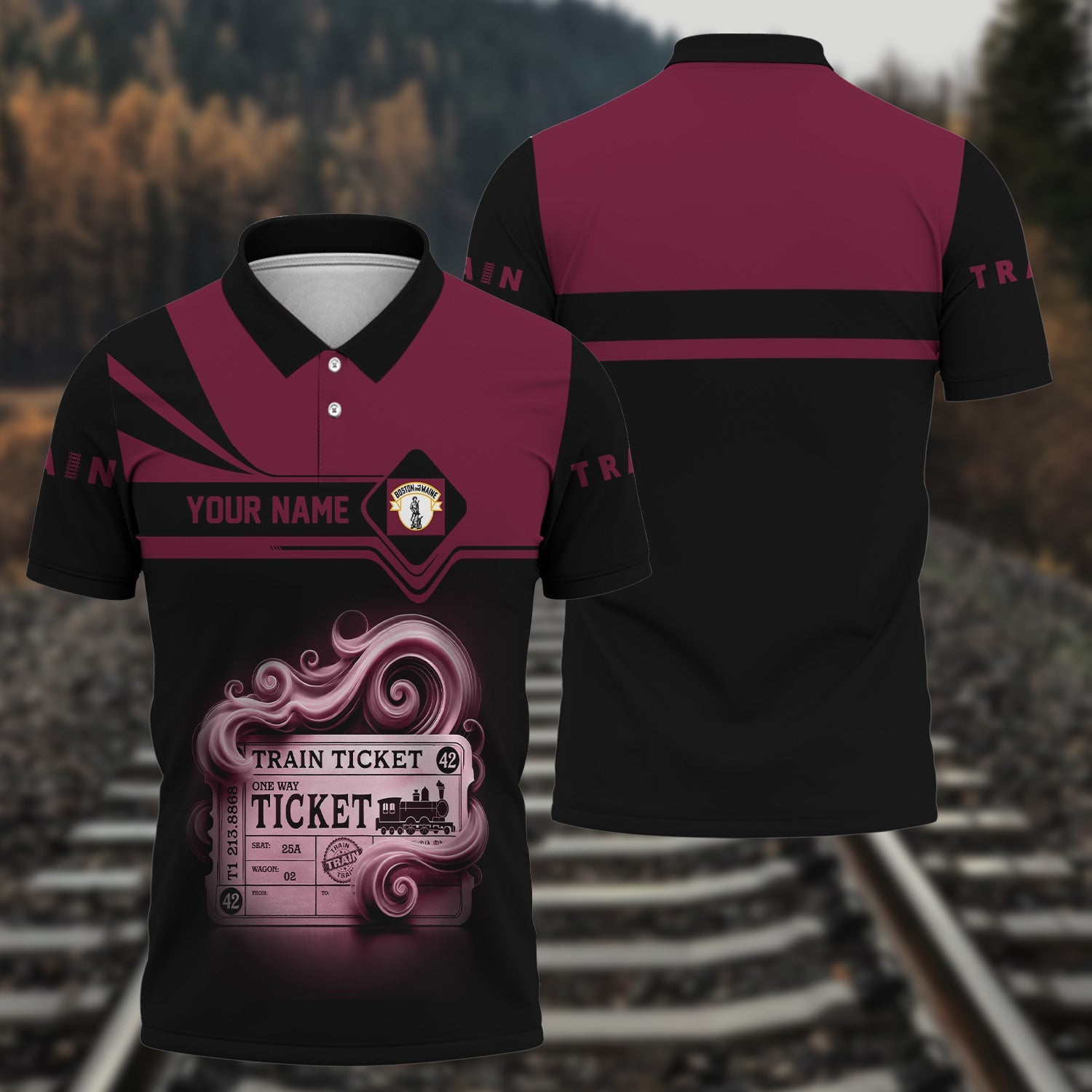 Railspirit Custom Name Boston and Maine Railroad Polo Shirt American Train Ticket Printed Shirt